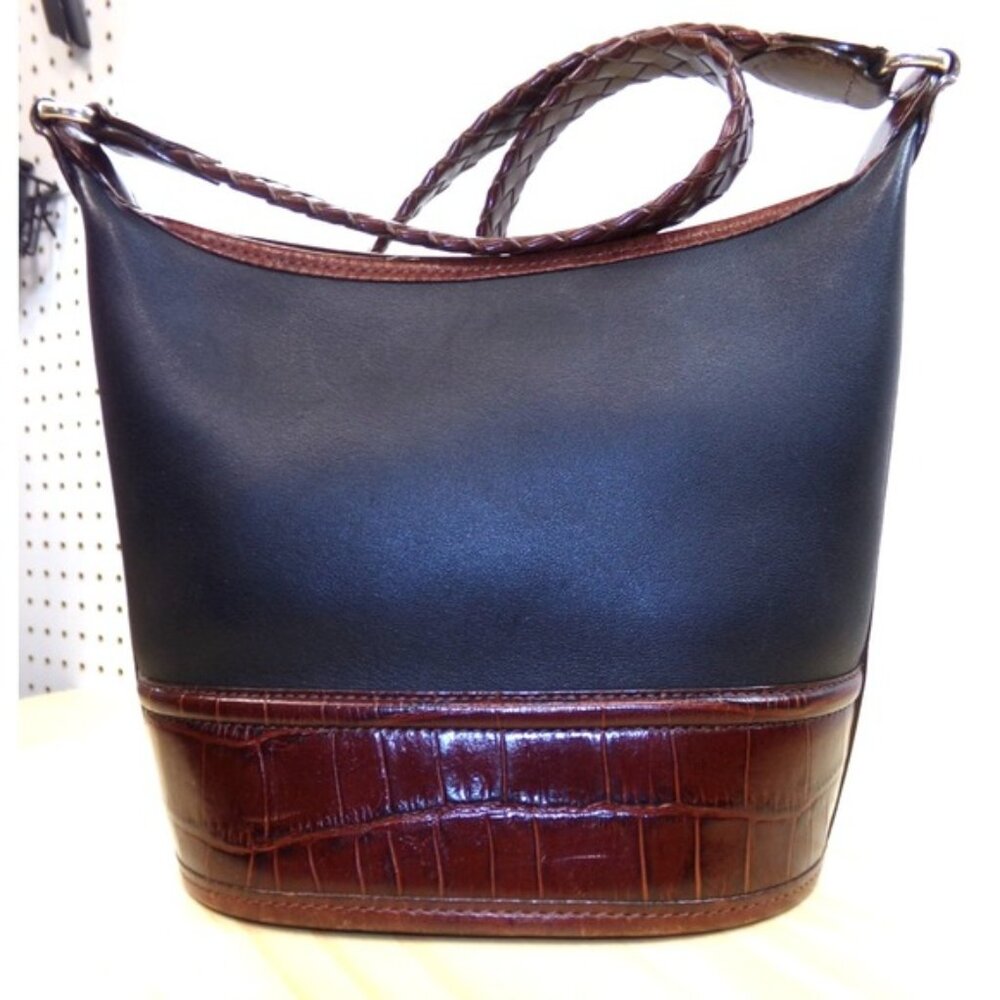 Brighton Small Bucket Bag Purse Black w/ Brown Embossed‎ Croc Braided Strap